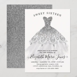 Silver Glitter Gnistra Dress Sweet 16:e födelsedag Inbjudningar