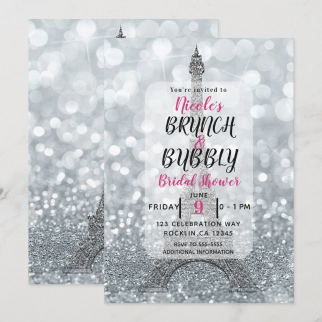 Silver Glitter Gnistra Eiffeltornet Brunch Bubbly Inbjudningar (Fram/baksida)