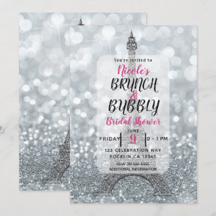 Silver Glitter Gnistra Eiffeltornet Brunch Bubbly Inbjudningar
