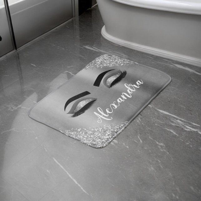 Silver Glitter Gnistra Eyelash Monogram Namn Badrumsmatta (Skapare uppladdad)