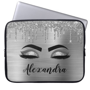 Silver Glitter Gnistra Eyelash Monogram Namn Laptop Fodral