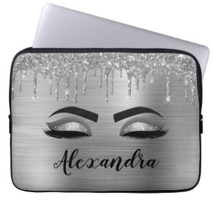 Silver Glitter Gnistra Eyelash Monogram Namn Laptop Fodral