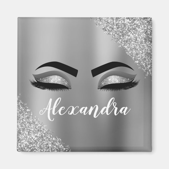 Silver Glitter Gnistra Eyelash Monogram Namn Magnet (Framsidan)