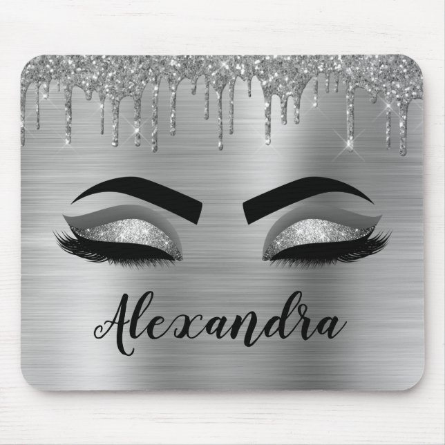 Silver Glitter Gnistra Eyelash Monogram Namn Musmatta (Framsidan)