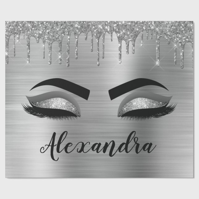 Silver Glitter Gnistra Eyelash Monogram Namn Presentpapper (Platt)