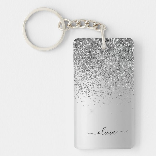 Silver Glitter Gnistra Glam Metall Monogram Namn Nyckelring (Framsidan)