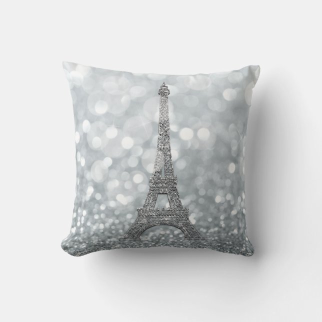 Silver Glitter Gnistra Paris Eiffel Torn Glam Kudde (Framsida)