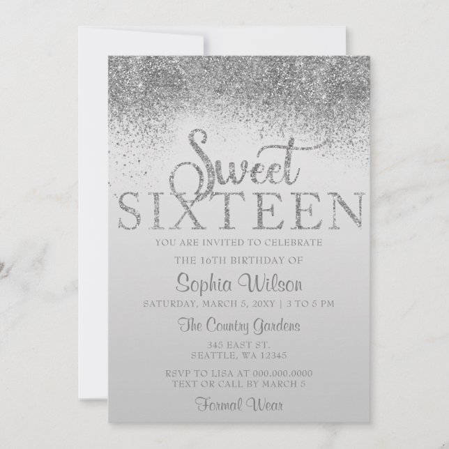 Silver Glitter Gnistra Sweet 16 Birthday Inbjudningar (Framsida)