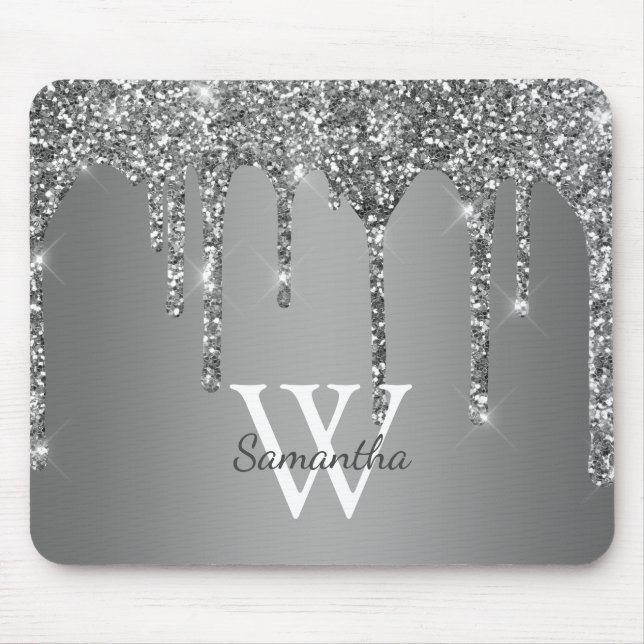 Silver Glitter Gnistrande Dropp Folie Monogram Nam Musmatta (Framsidan)