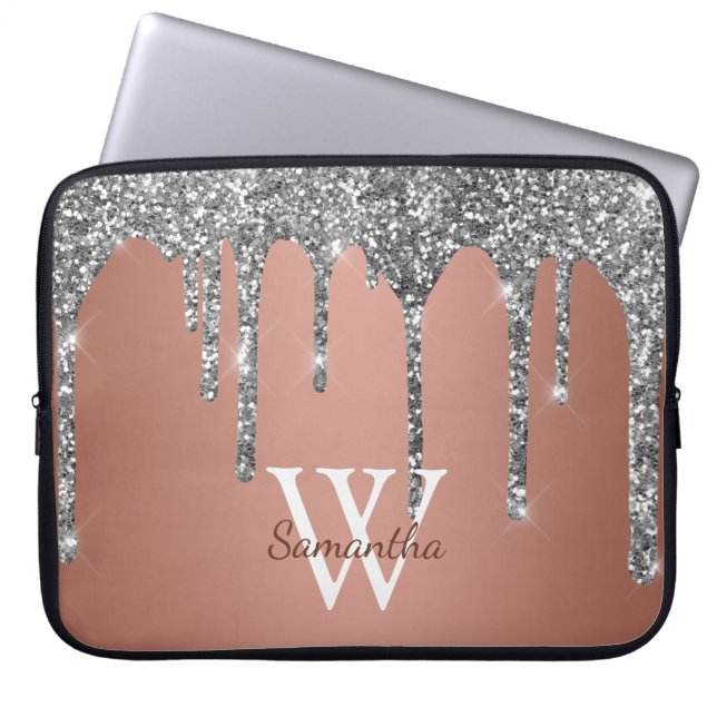 Silver Glitter Gnistrande Dropp Rosa Guld Monogram Laptop Fodral (Framsidan)