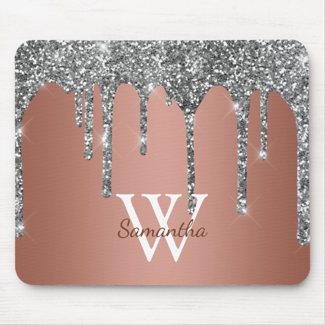 Silver Glitter Gnistrande Dropp Rosa Guld Monogram Musmatta (Framsidan)