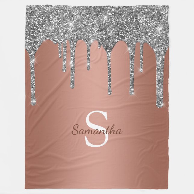 Silver Glitter Gnistrande Dropp Roséguld Monogram Fleecefilt (Framsidan)