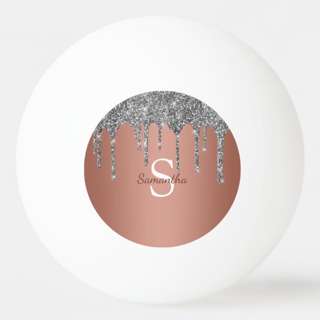 Silver Glitter Gnistrande Droppar Roséguld Monogra Pingisboll (Framsidan)