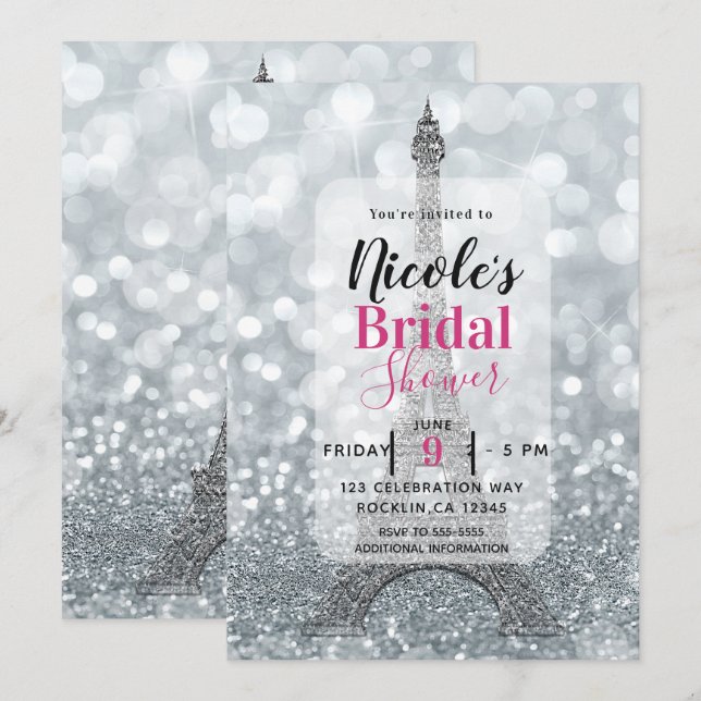 Silver Glitter Gnistrande Eiffeltornet Bröllopsdus Inbjudningar (Fram/baksida)