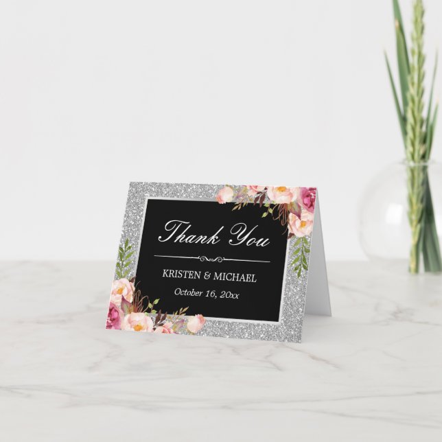 Silver Glitter Gnistrar Blommig Dekoration Tack (Framsida)