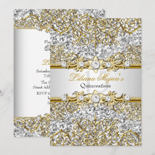 Silver Glitter & Gold Damask Quinceanera Inbjudan