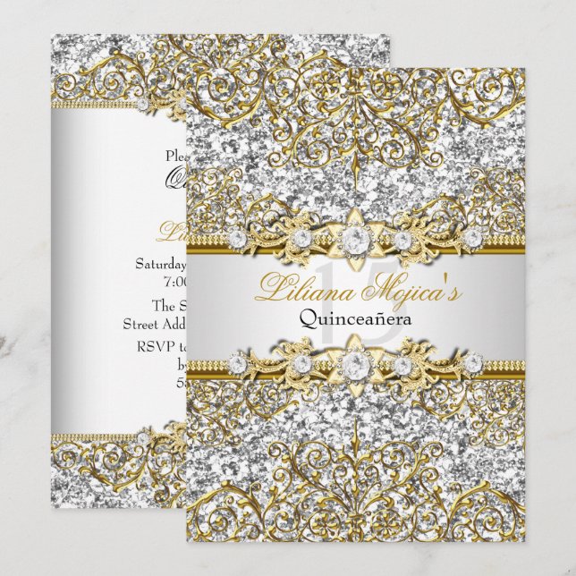 Silver Glitter & Gold Damask Quinceanera Inbjudan (Fram/baksida)