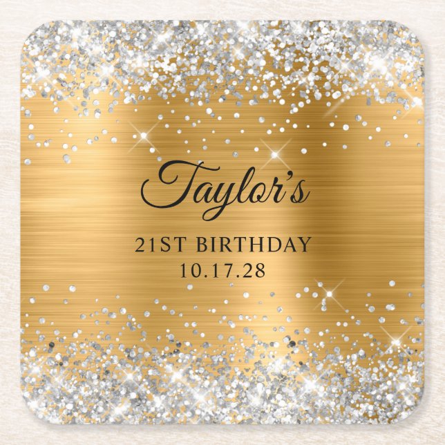 Silver Glitter Gold Foil 21st Birthday Underlägg Papper Kvadrat (Framsidan)