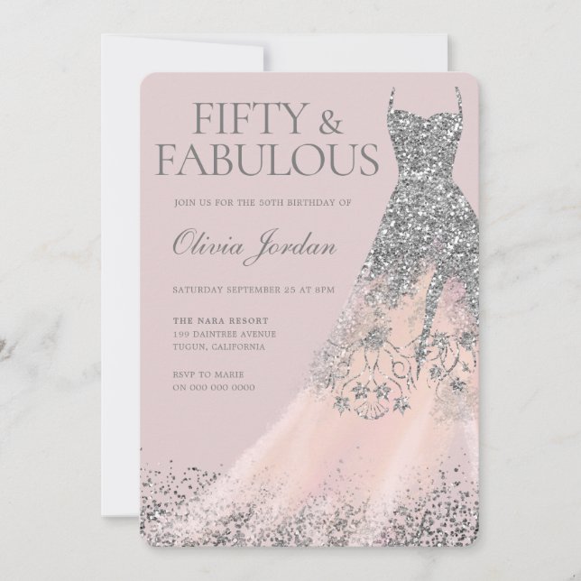 Silver Glitter Gown & Blush 50th Birthday Party Inbjudningar (Framsida)