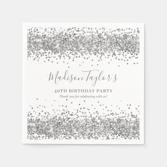 Silver Glitter Grå Glitter Konfetti Födelsedag Pappersservett (Framsidan)