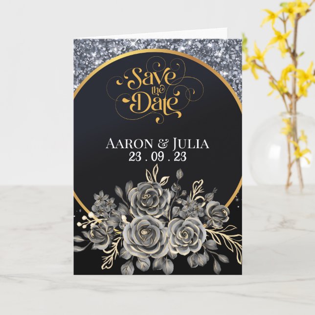Silver Glitter Gräns Svarta Ron Spara datum Kort (Gul blomma)