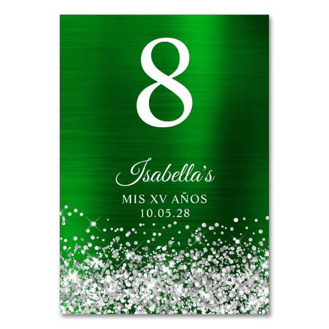 Silver Glitter Green Foil Mis XV Anos Bordsnummer (Framsidan)