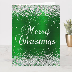 Silver Glitter Grön Folie Stor God Jul Kort