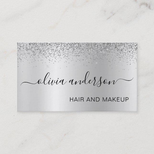 Silver Glitter Hair Makeup Salon Metallic Visitkort (Framsida)