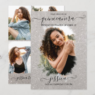 Silver Glitter Halo Photo Collage Quinceañera Inbjudningar