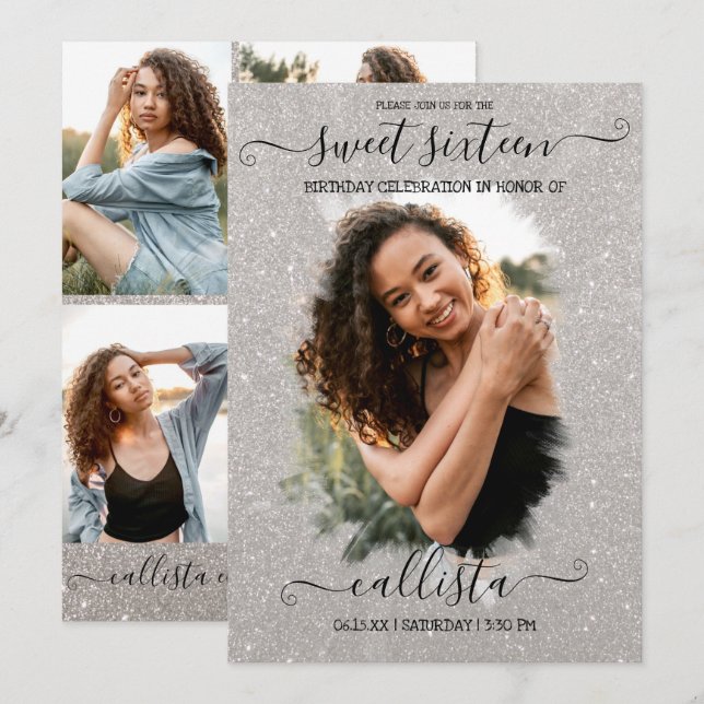Silver Glitter Halo Photo Collage Sweet 16 Inbjudningar (Fram/baksida)