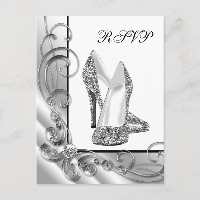 Silver Glitter Högt Klacksko RSVP Inbjudan Vykort (Framsida)