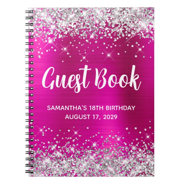 Silver Glitter Hot Pink 18th Birthday Guestbook Anteckningsbok (Framsidan)