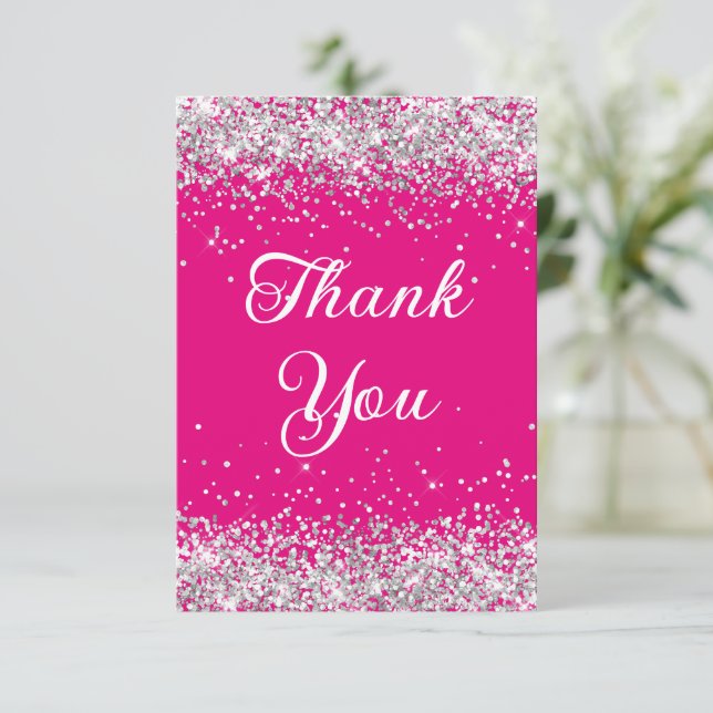 Silver Glitter Hot Pink 40-årsfirande Tack Kort (Stående Fram)