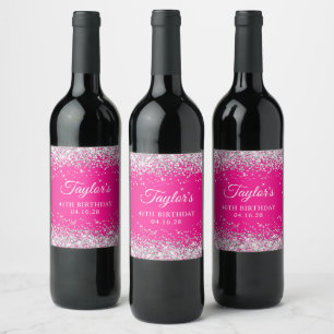 Silver Glitter Hot Pink 40-årsfirande Vinflaska Etikett