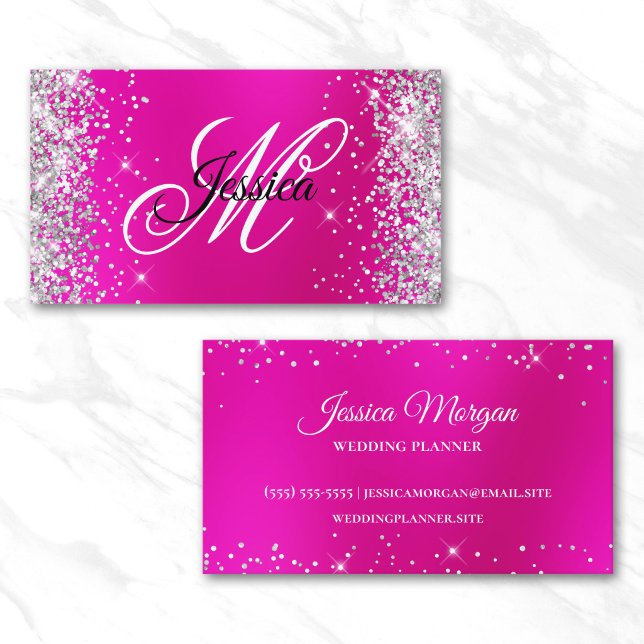 Silver Glitter Hot Pink Blur Monogram Profil Visitkort (Silver Glitter Hot Pink Blur Monogram Profile Business Card)
