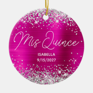 Silver Glitter Hot Pink Fancy Mis Quince Foto Julgransprydnad Keramik