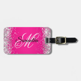 Silver Glitter Hot Pink Fancy Monogram Bagagebricka