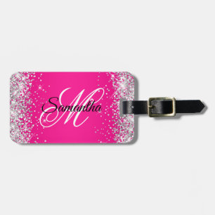 Silver Glitter Hot Pink Fancy Monogram Bagagebricka