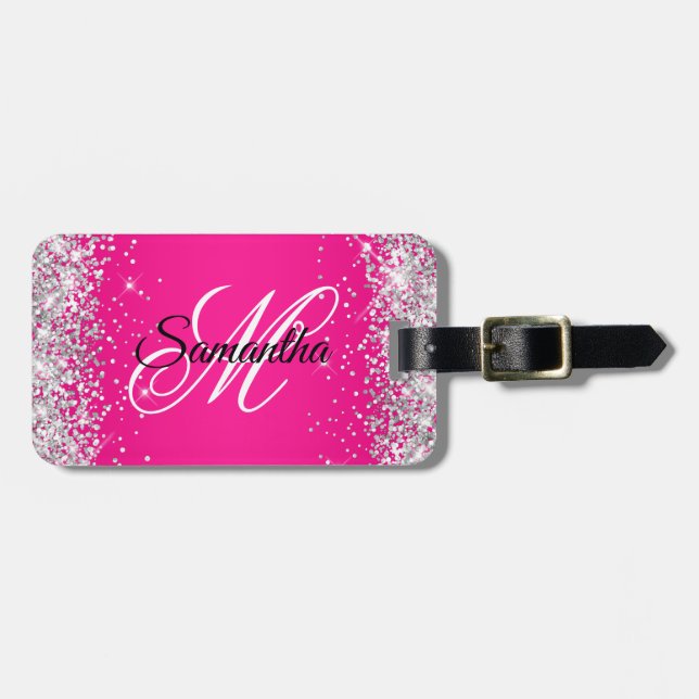 Silver Glitter Hot Pink Fancy Monogram Bagagebricka (Horisontell Framsida)