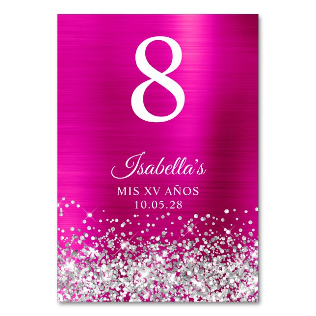 Silver Glitter Hot Pink Foil Mis XV Anos Bordsnummer (Framsidan)