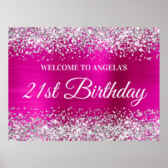 Silver Glitter Hot Pink Folie 21-års Födelsedags V Poster (Framsidan)