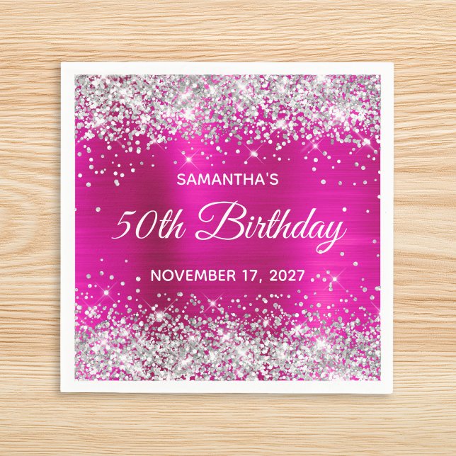 Silver Glitter Hot Pink Folie 50-årsdag Pappersservett (Silver Glitter Hot Pink Foil 50th Birthday Napkins)