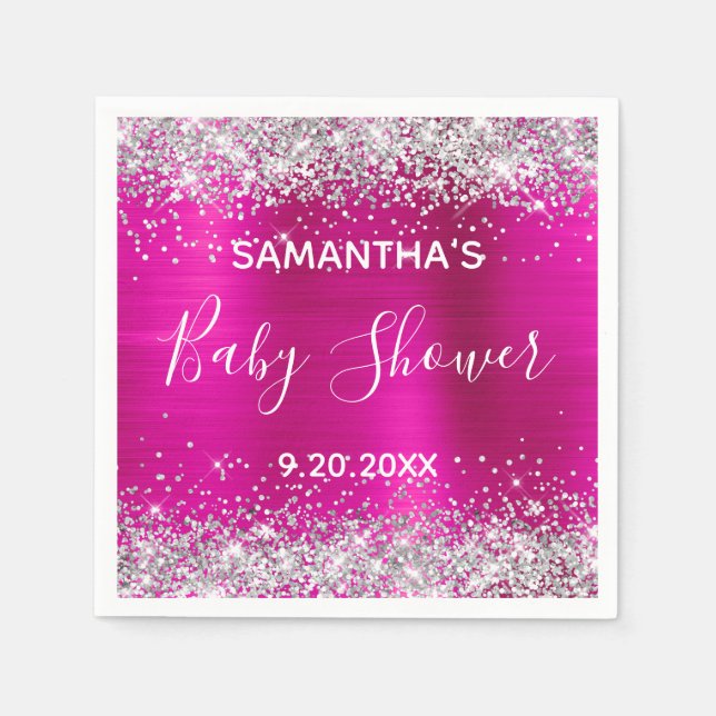 Silver Glitter Hot Pink Folie Baby Shower Pappersservett (Framsidan)