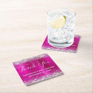 Silver Glitter Hot Pink Folie Baby Shower Tacksamh Underlägg Papper Kvadrat