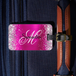 Silver Glitter Hot Pink Folie Fancy Monogram Bagagebricka