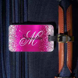 Silver Glitter Hot Pink Folie Fancy Monogram Bagagebricka