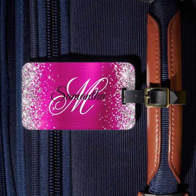 Silver Glitter Hot Pink Folie Fancy Monogram Bagagebricka (Framsida Insitu 4)