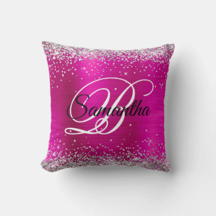 Silver Glitter Hot Pink Folie Fancy Monogram Kudde