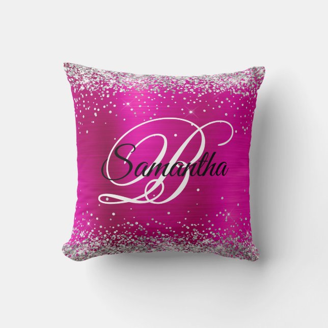 Silver Glitter Hot Pink Folie Fancy Monogram Kudde (Framsida)