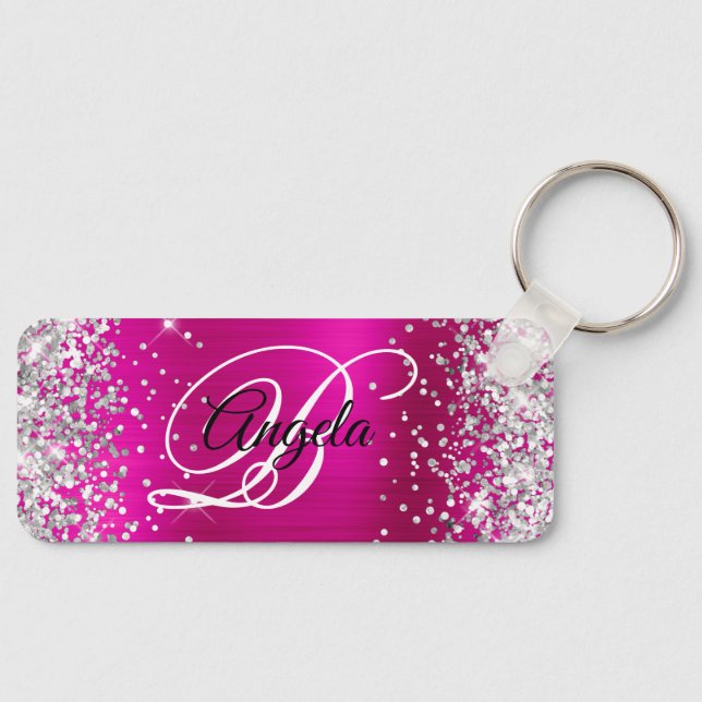 Silver Glitter Hot Pink Folie Fancy Monogram Nyckelring (Framsida)